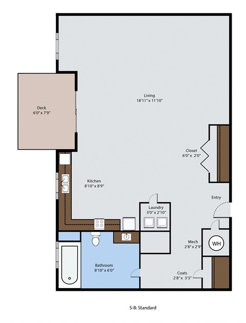 Floor plan for studio, 1 bath, 604 sqft